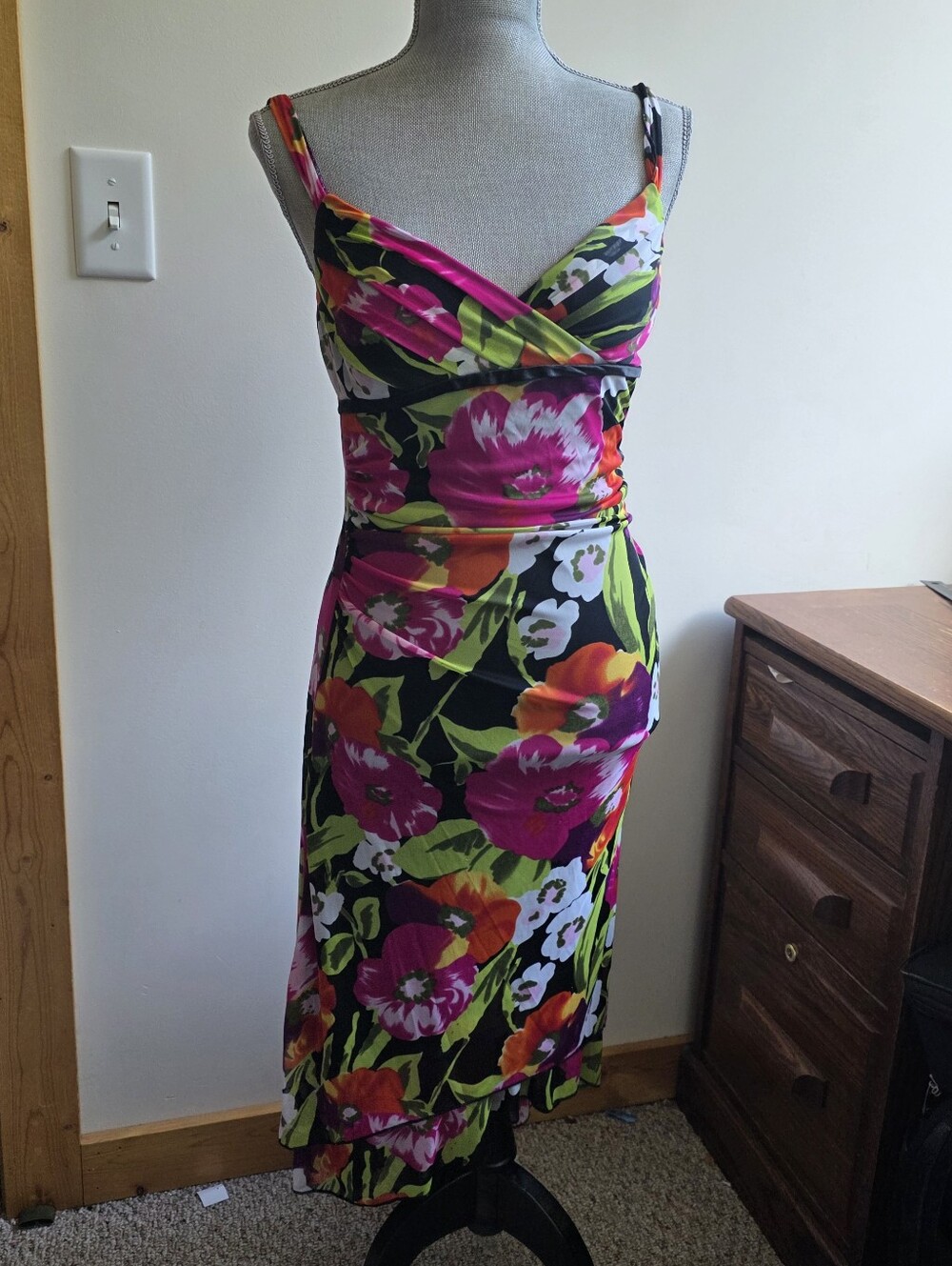 Ruby Rox Y2K VTG Babydoll Dress Large Mid Rouched Hi Low Flutter Floral Tropical